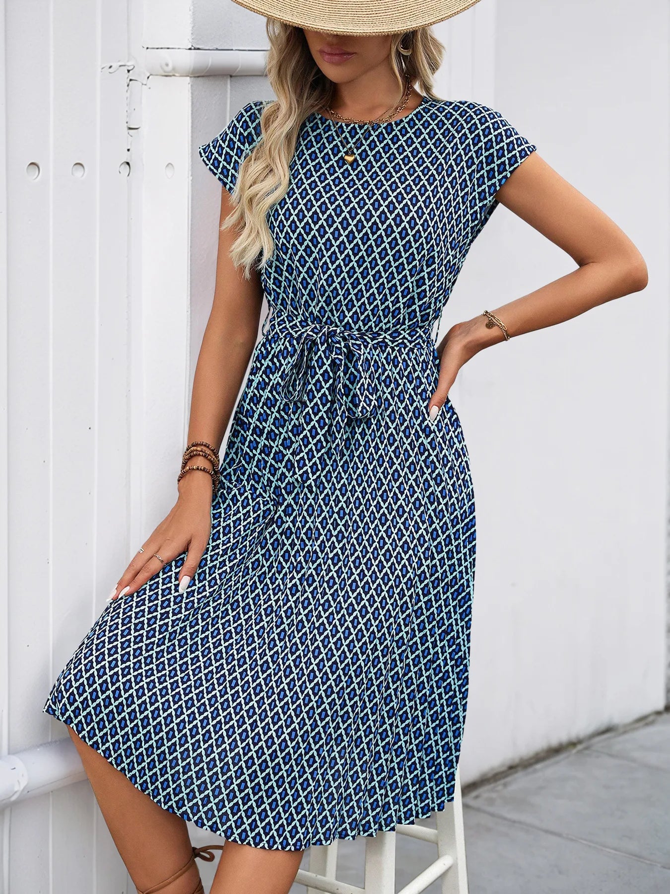 Women's Belted Geometric Knee-Length Dress | Casual Dresses