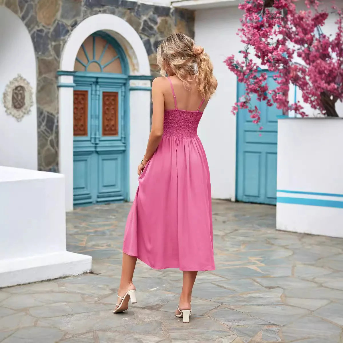 Pink A-Line Midi Dress with Smocked Bodice | Midi Dresses