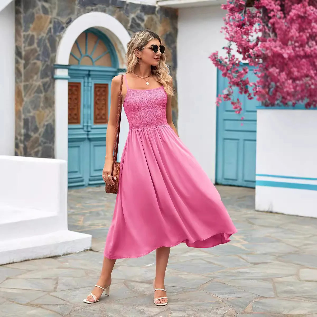 Pink A-Line Midi Dress with Smocked Bodice | Midi Dresses