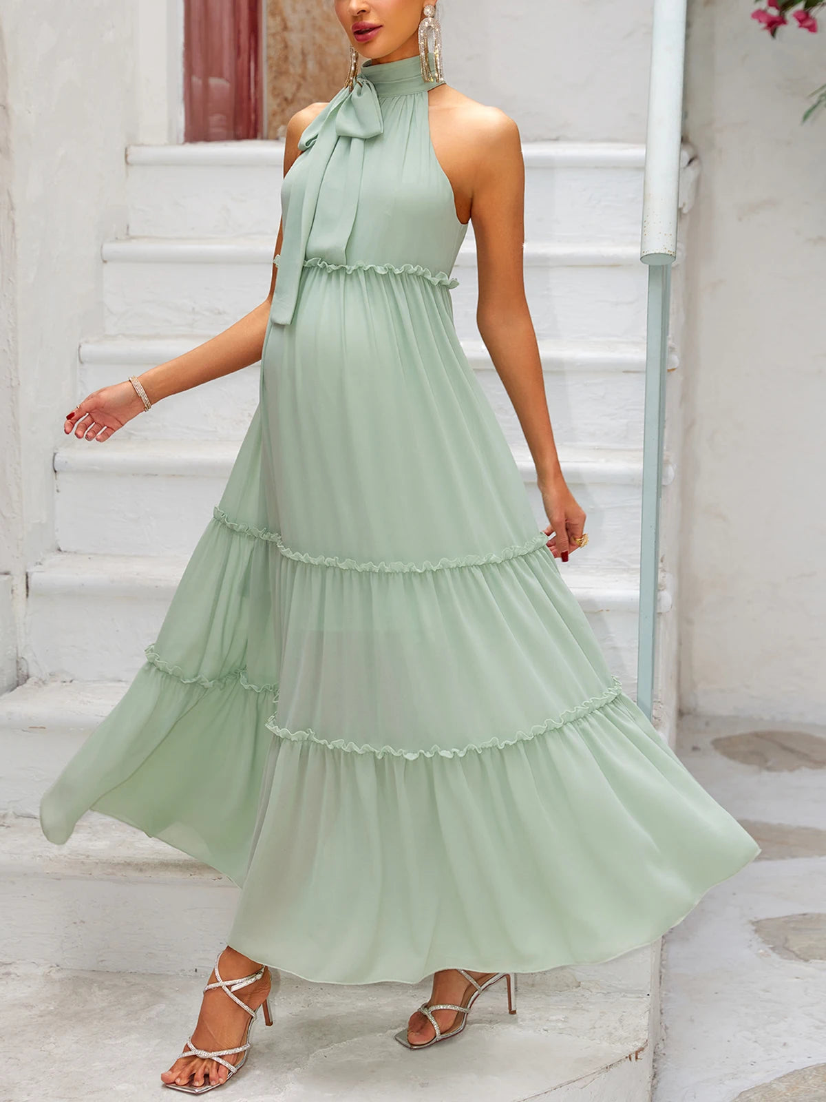 Pregnancy Halter Dress with Ruffled Tiers | Maternity Dresses