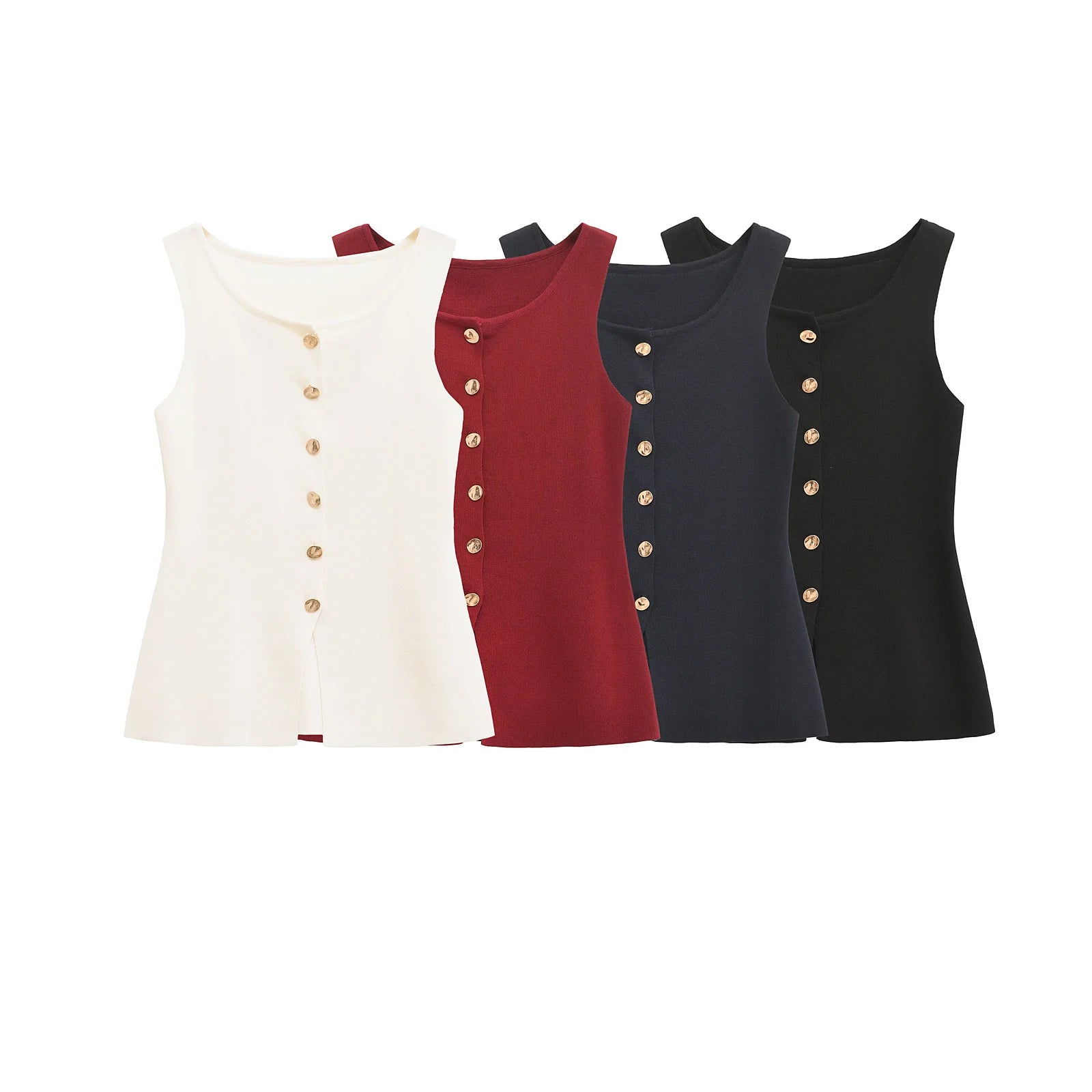 Casual Sleeveless Knit Tops with Golden Accents