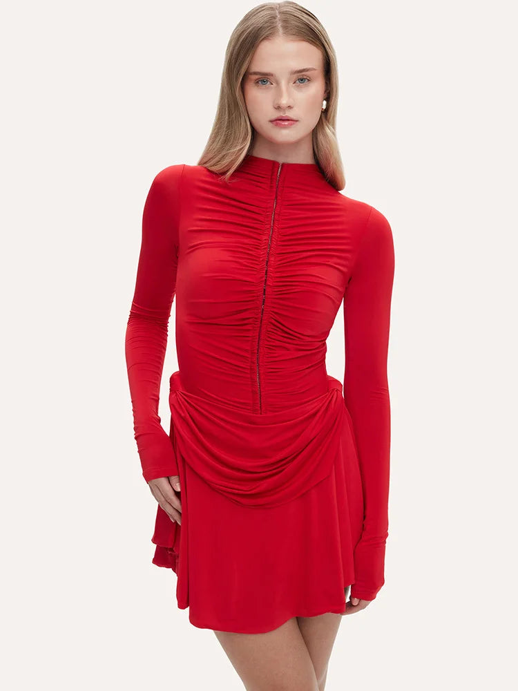 Draped Waist Zip-Up Mini Dress in Vibrant Red