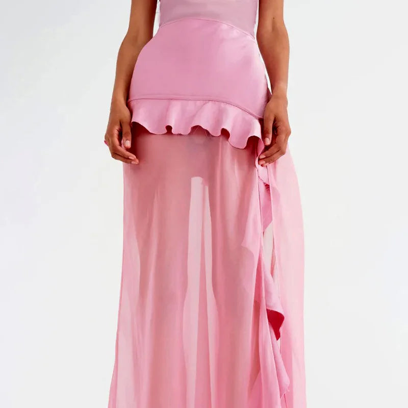 Pink Party Dress with Ruffle Details and Open Back | Party Dresses