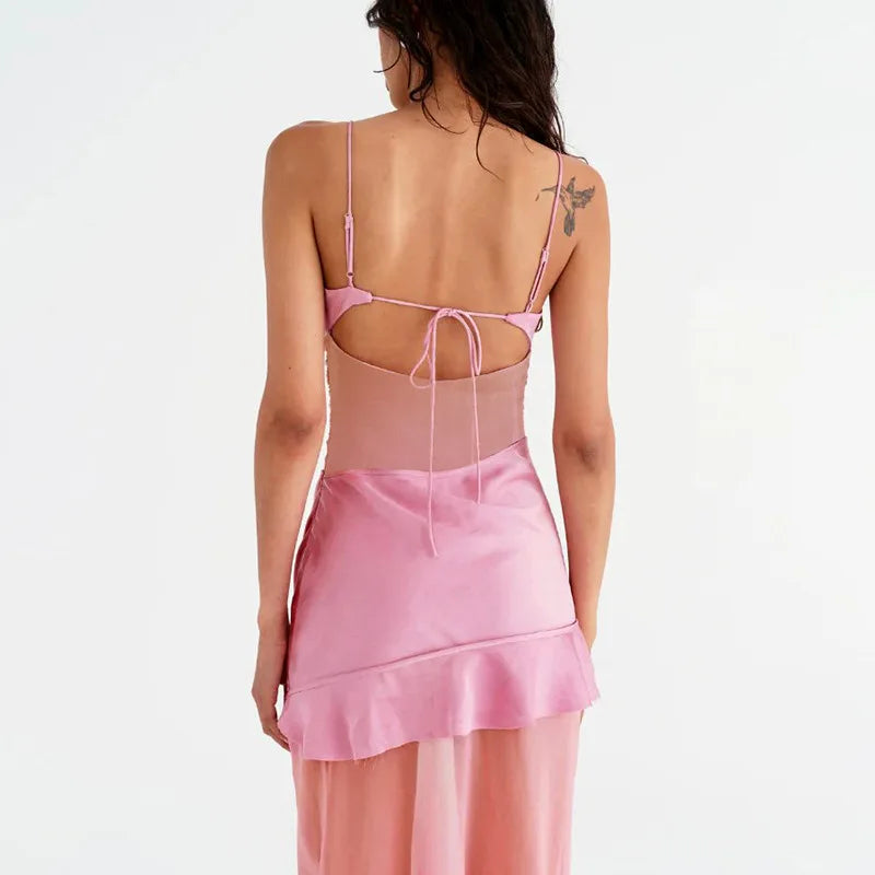 Pink Party Dress with Ruffle Details and Open Back | Party Dresses