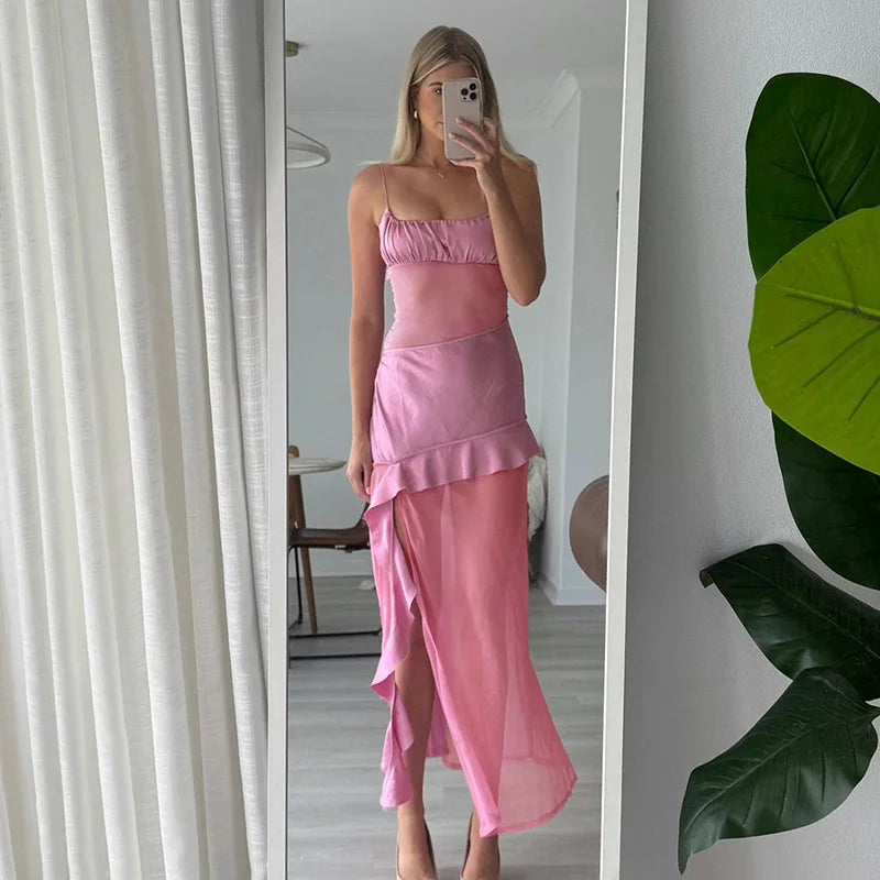 Pink Party Dress with Ruffle Details and Open Back | Party Dresses