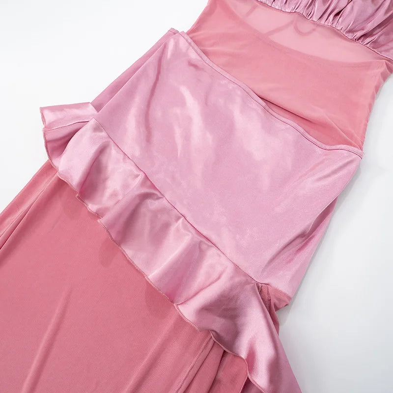 Pink Party Dress with Ruffle Details and Open Back | Party Dresses