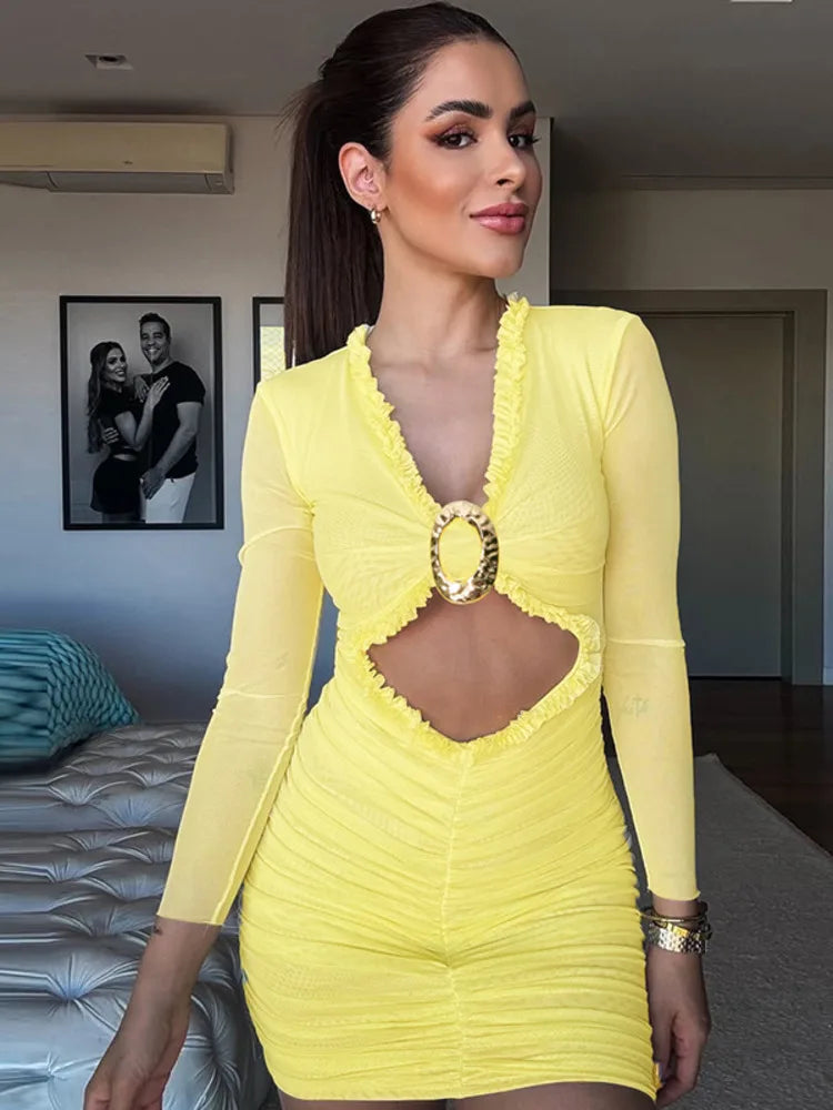 Yellow Cutout Ruched Mini Dress with O-Ring