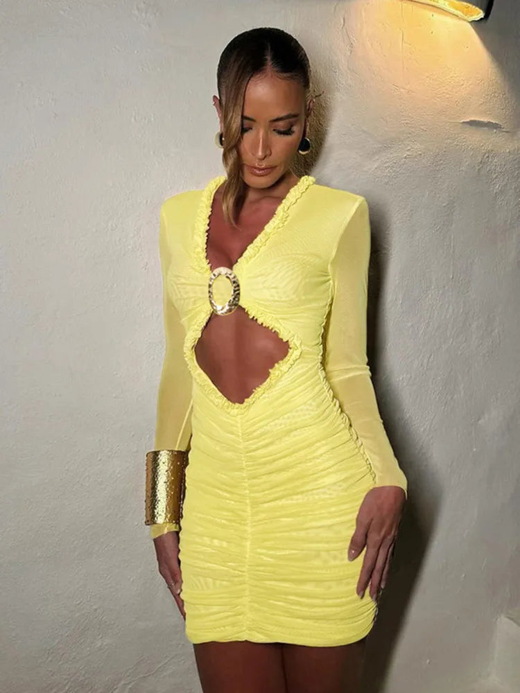 Yellow Cutout Ruched Mini Dress with O-Ring | Clubbing Dresses