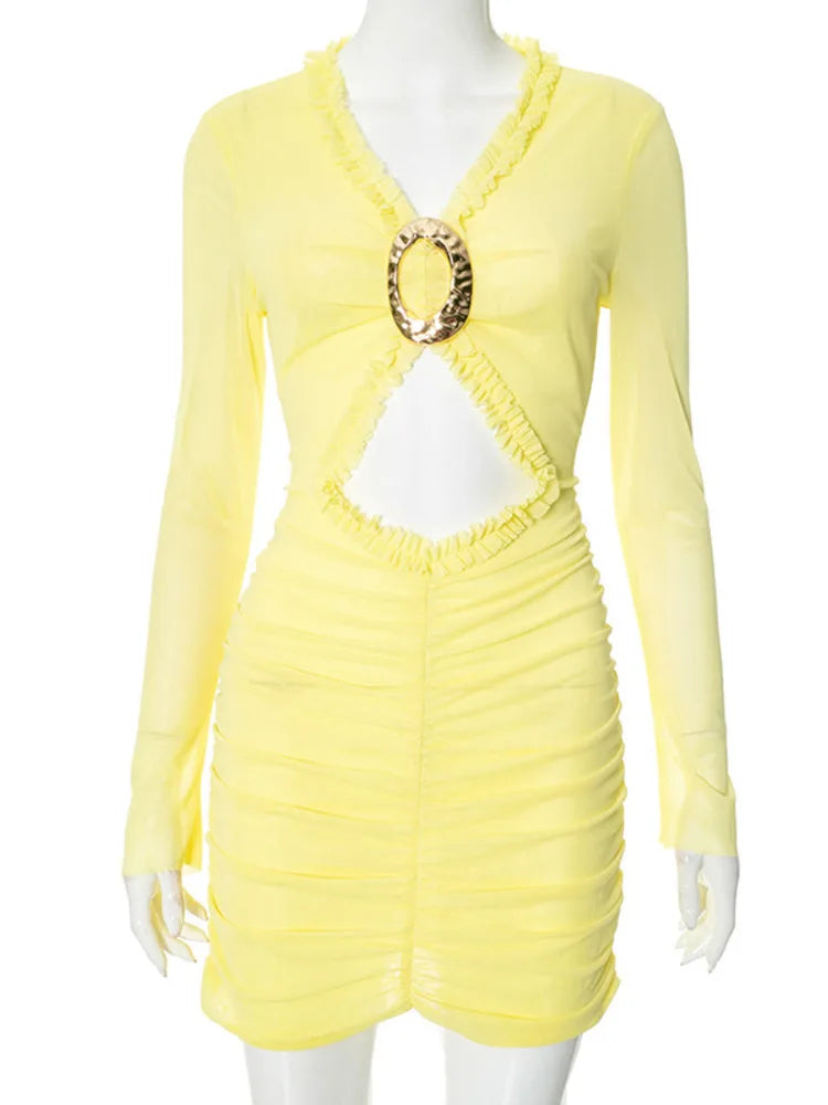 Yellow Cutout Ruched Mini Dress with O-Ring | Clubbing Dresses