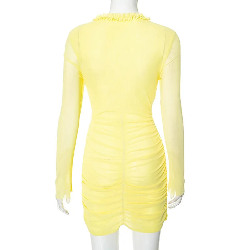 Yellow Cutout Ruched Mini Dress with O-Ring | Clubbing Dresses