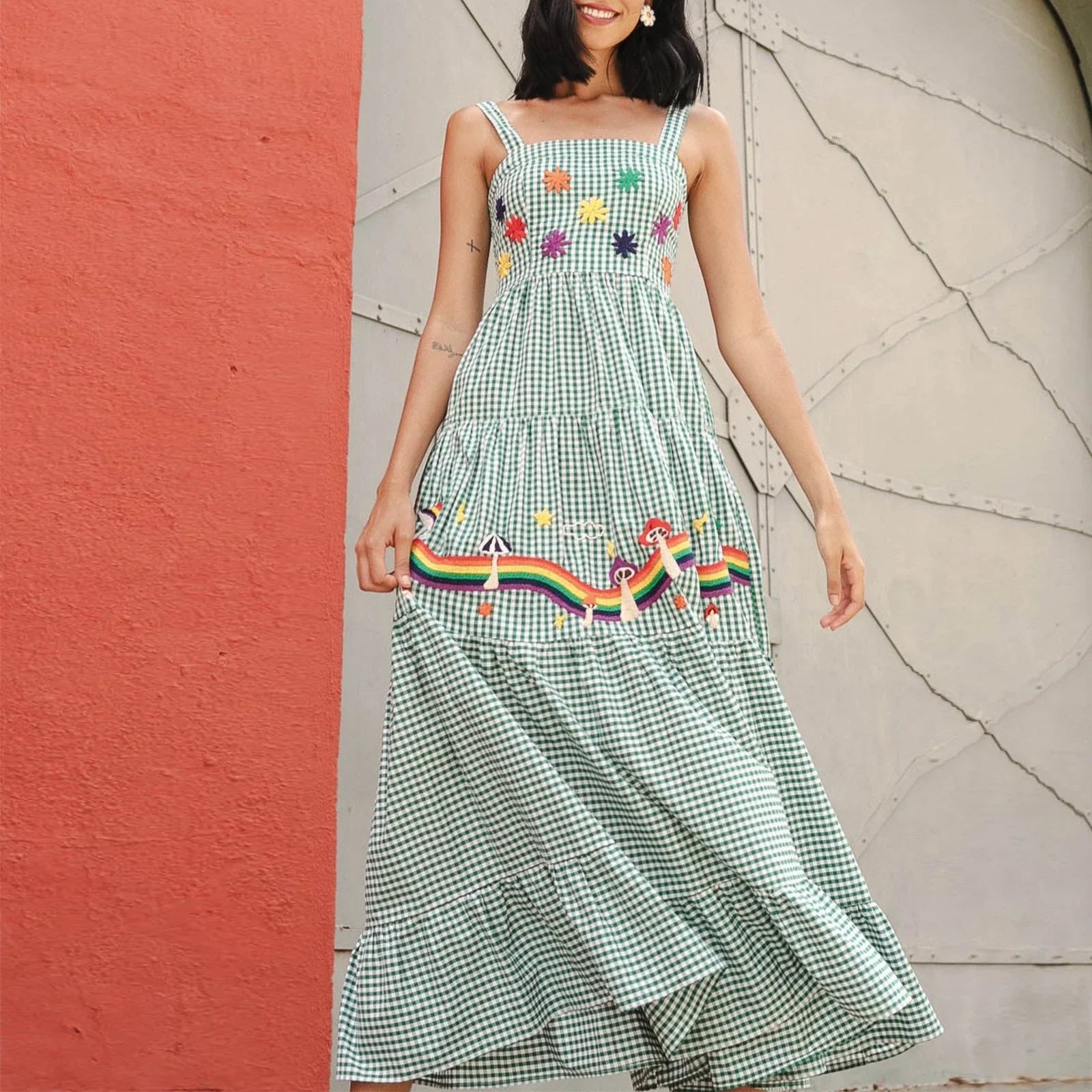 Women’s Gingham Maxi Dress with Bee Details – Ideal for Summer