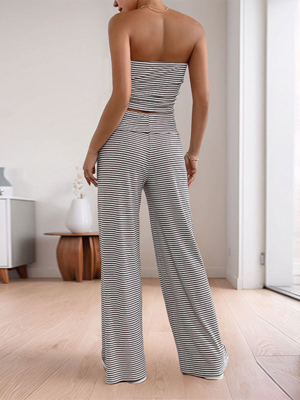 Casual Striped Two-Piece Set with Bandeau Top & Pants | Casual Sets