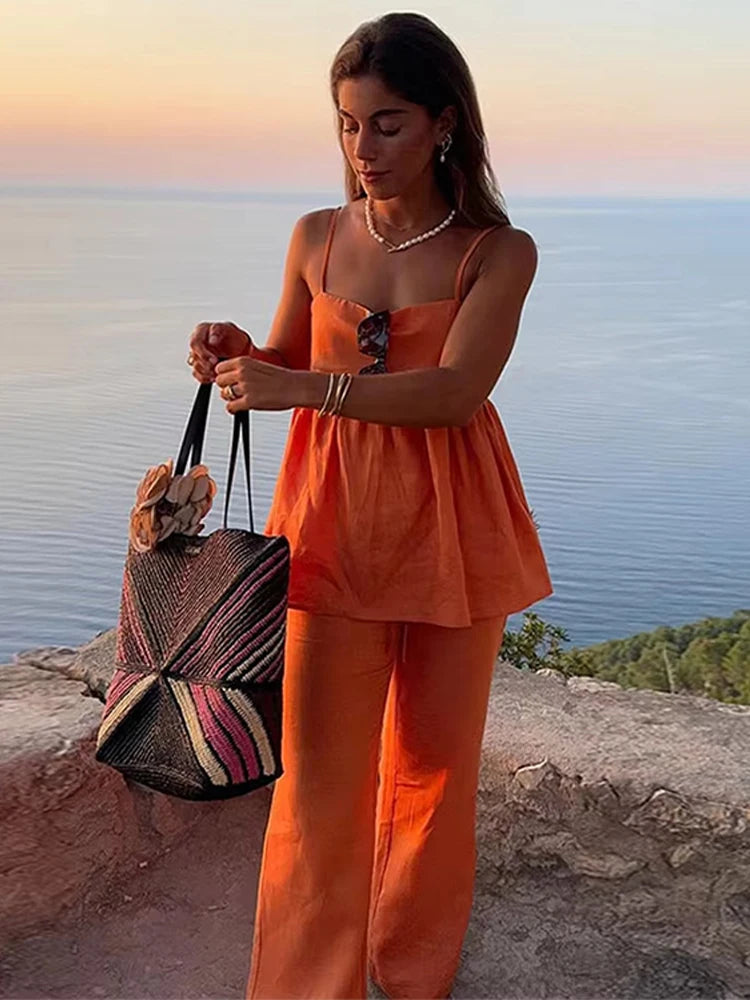 Vibrant Orange Casual Set with Peplum Top and Tie Pants