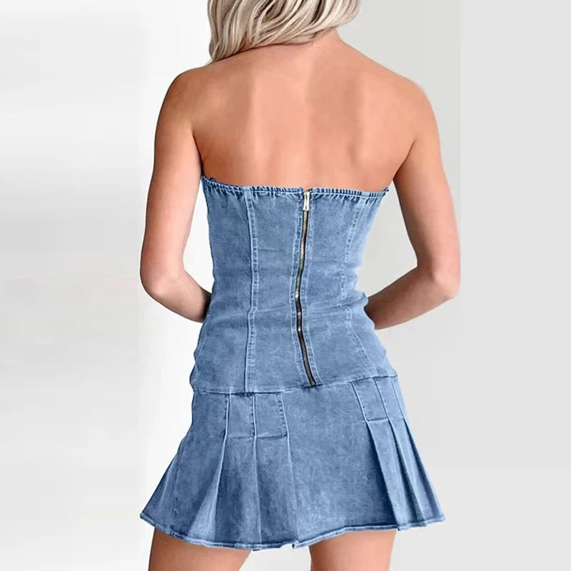 Trendy Sweetheart Strapless Denim Dress with Lace-Up Detail | Denim Dresses