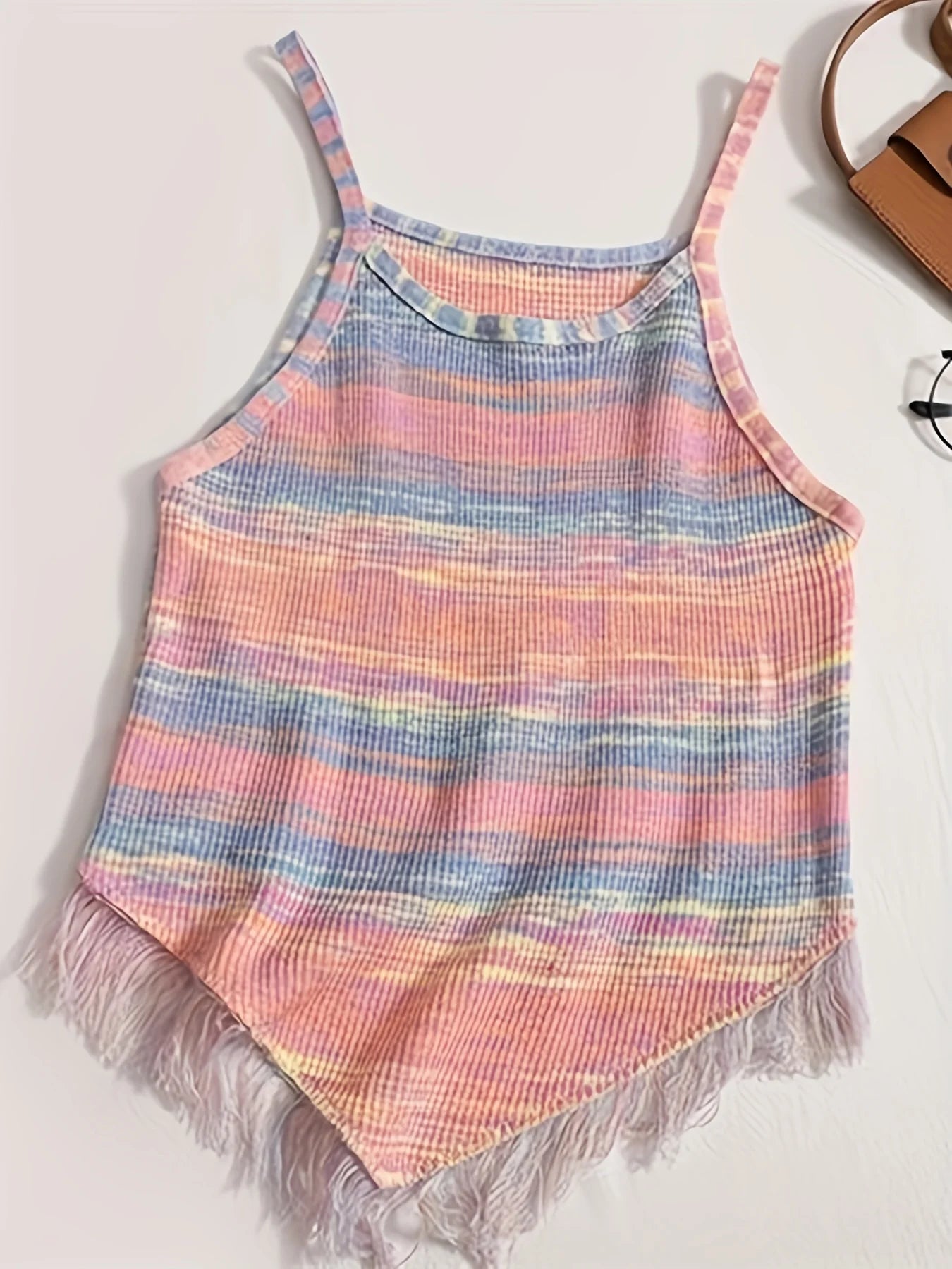 Casual Striped Camisole with Frayed Detail - Knit Top | Cami Tops