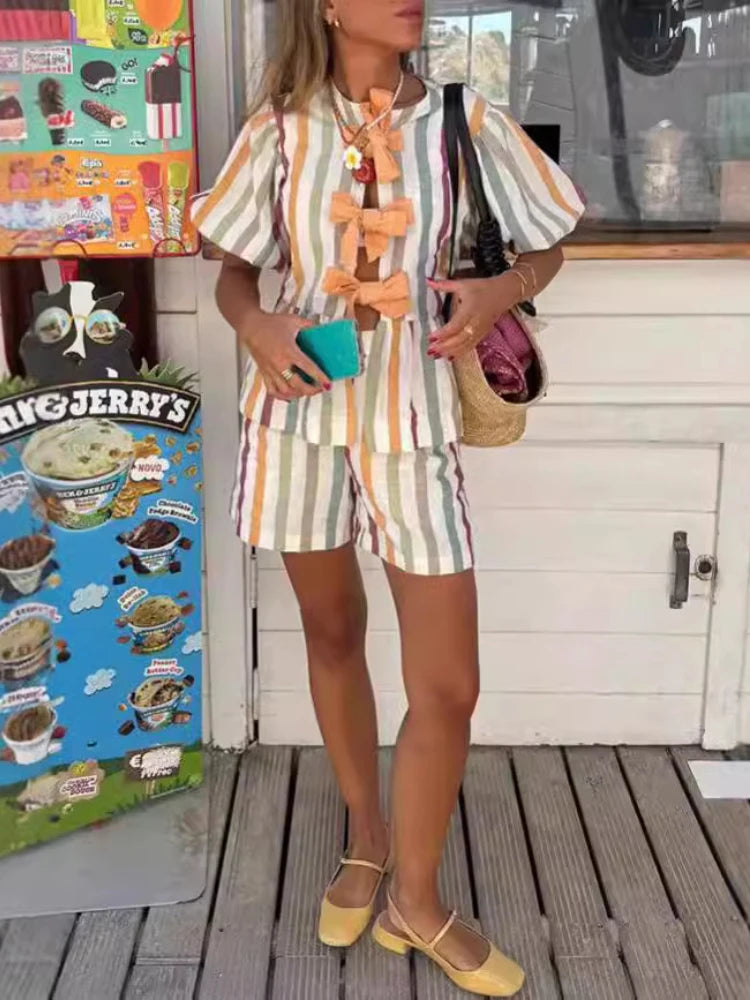 Trendy Striped Set with Bow-Tie Top - Casual Summer Wear
