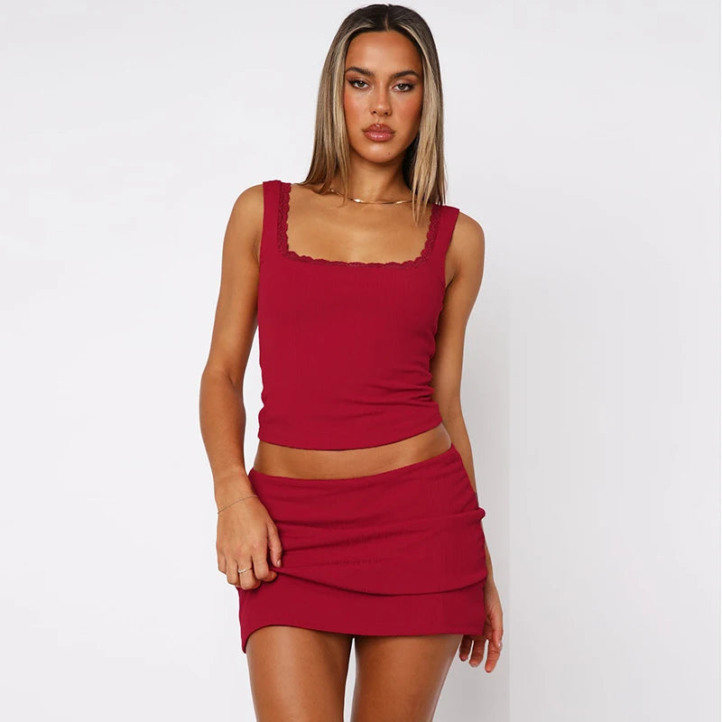 Casual Red Tank Top & Skirt Combo – Perfect for Summer