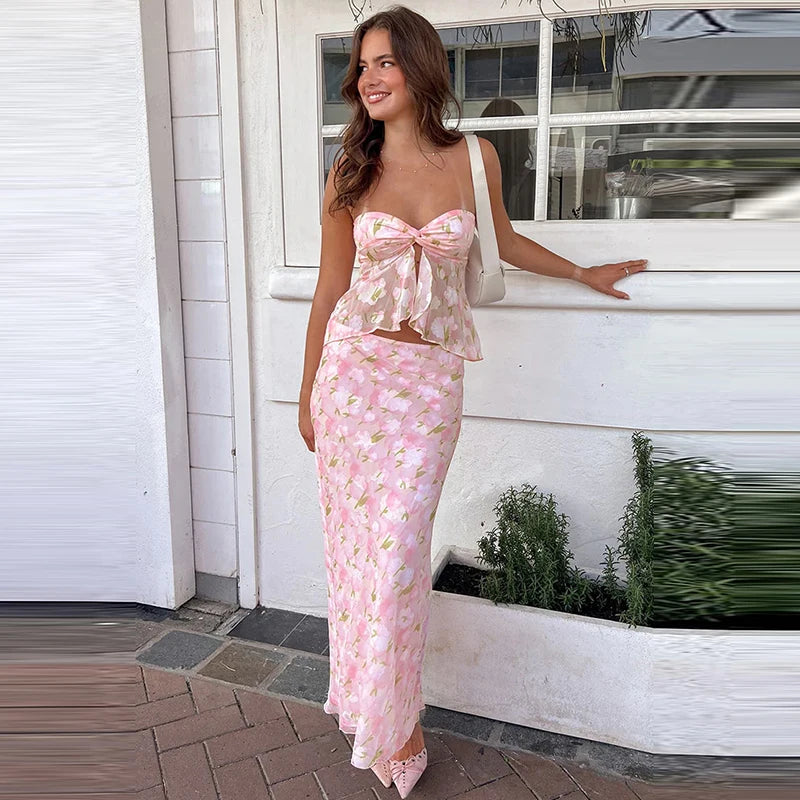 Summer Romance Floral Chiffon Outfit Strapless Top with Skirt | Elegant Matching Sets