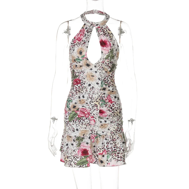 Leopard Floral Halter Dress for Festivals and Clubbing | Halter Dresses