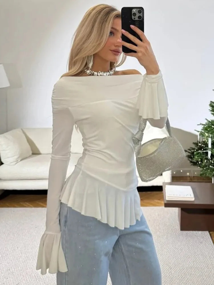 Flared Hem Off-Shoulder Top in Solid Color