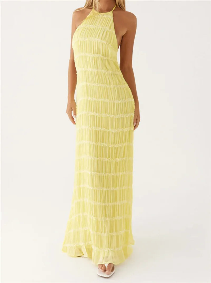 Elegant Textured Maxi Dress | Halter Neck & Backless | Party Dresses