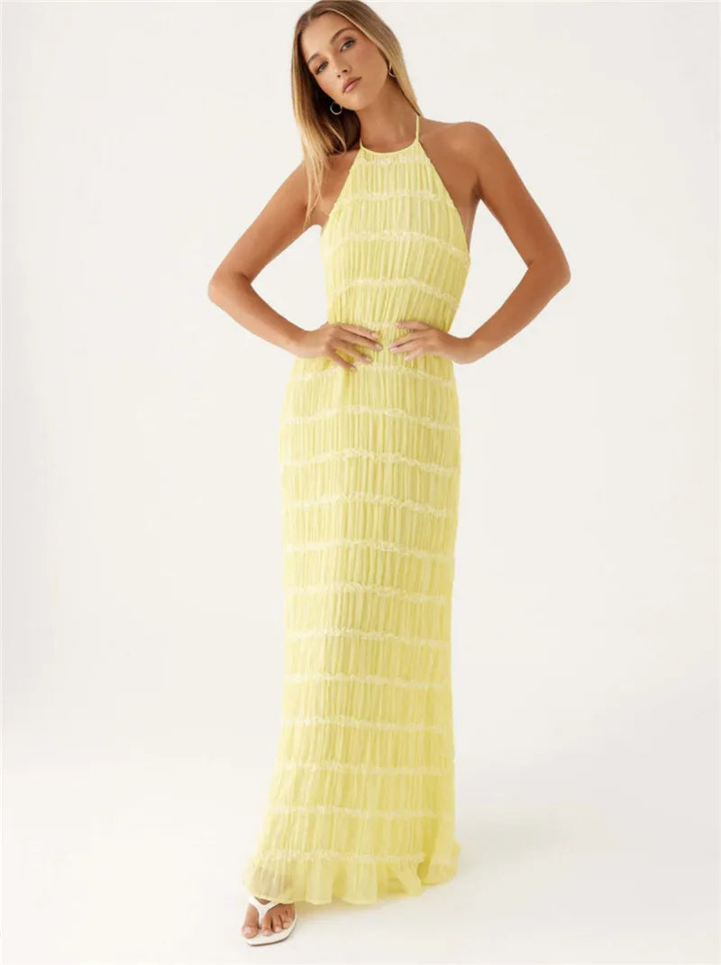 Elegant Textured Maxi Dress | Halter Neck & Backless | Party Dresses