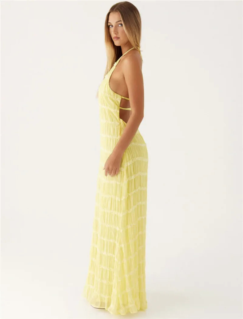 Elegant Textured Maxi Dress | Halter Neck & Backless | Party Dresses