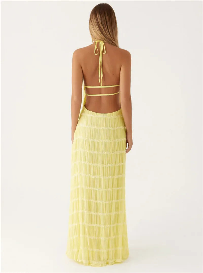 Elegant Textured Maxi Dress | Halter Neck & Backless | Party Dresses