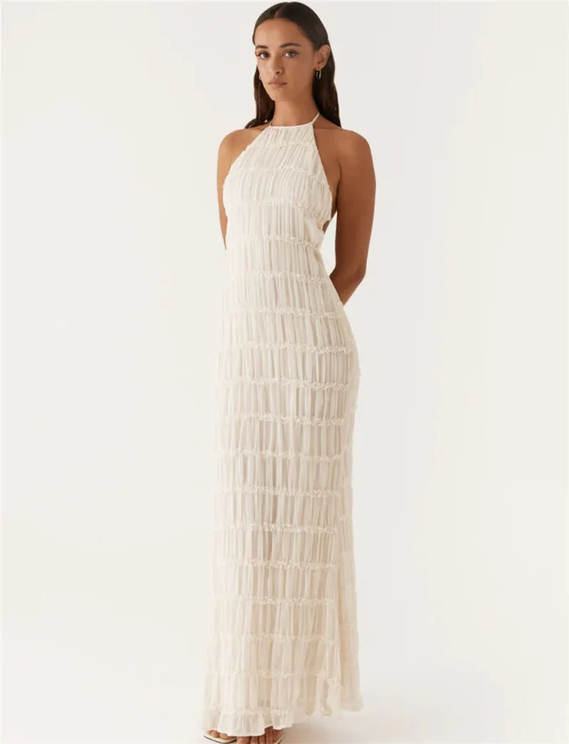 Elegant Textured Maxi Dress | Halter Neck & Backless | Party Dresses