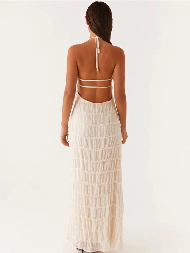 Elegant Textured Maxi Dress | Halter Neck & Backless | Party Dresses