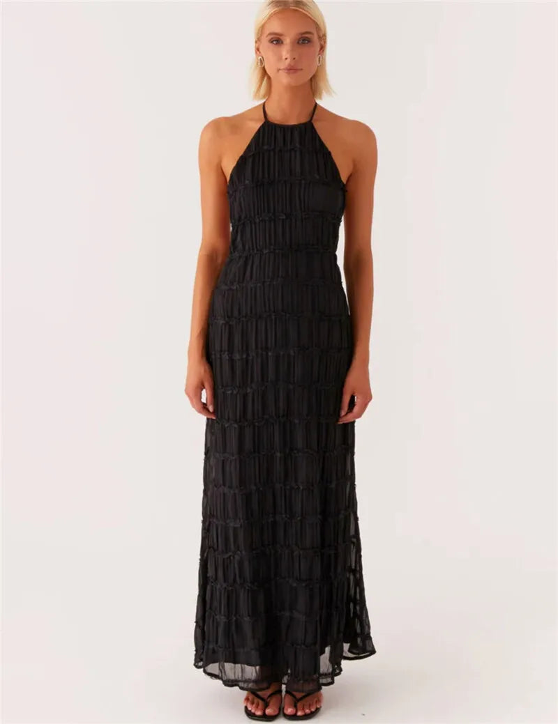 Elegant Textured Maxi Dress | Halter Neck & Backless | Party Dresses