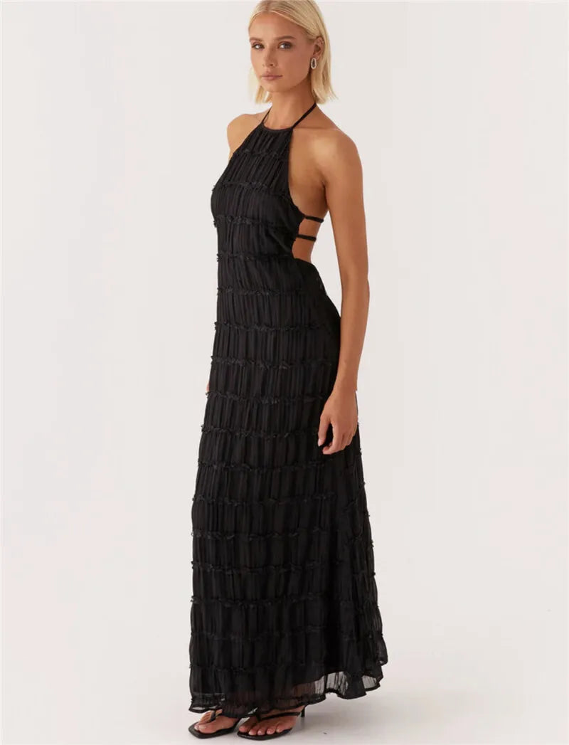 Elegant Textured Maxi Dress | Halter Neck & Backless | Party Dresses