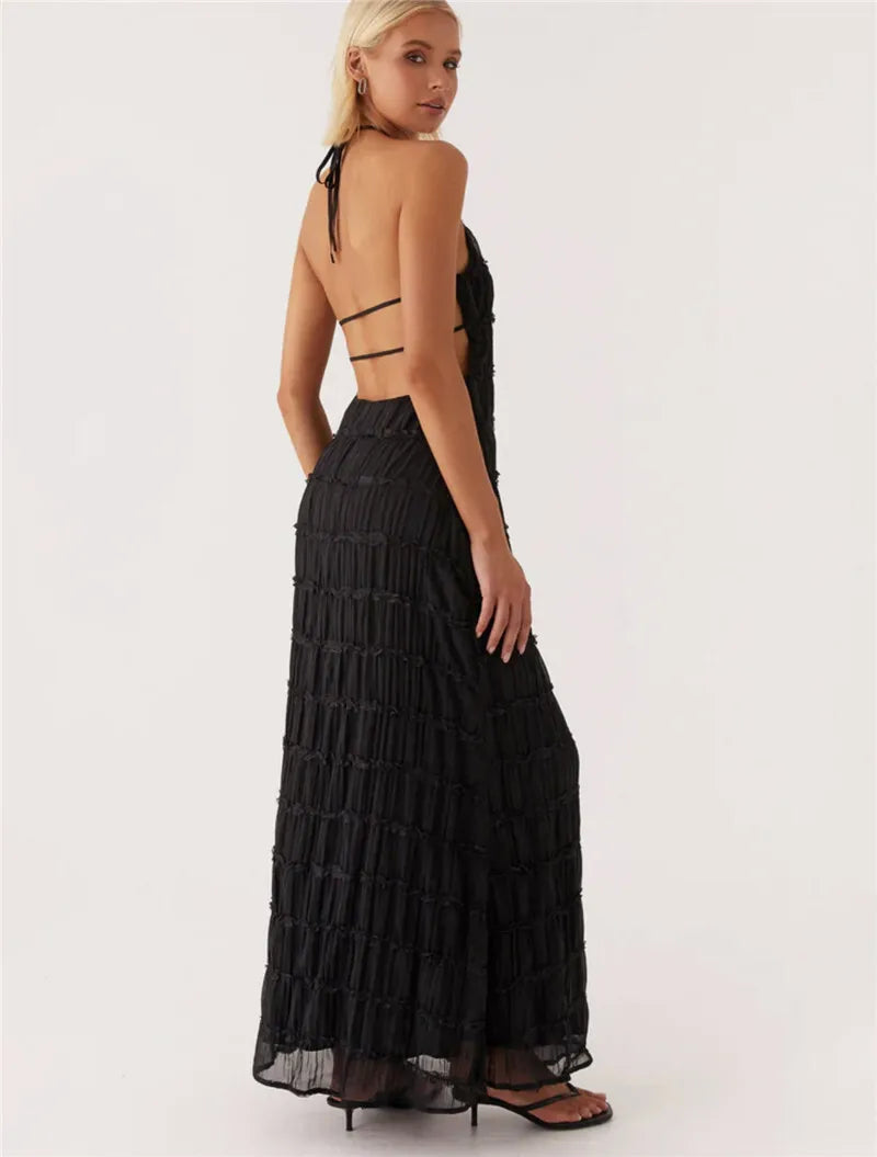 Elegant Textured Maxi Dress | Halter Neck & Backless | Party Dresses