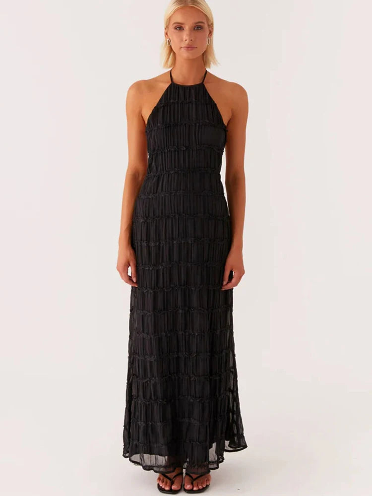 Elegant Textured Maxi Dress | Halter Neck & Backless | Party Dresses