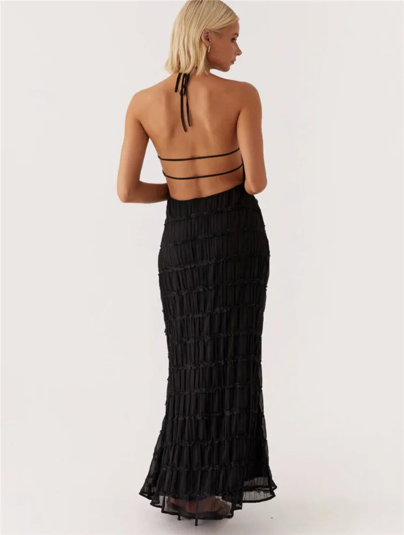 Elegant Textured Maxi Dress | Halter Neck & Backless | Party Dresses