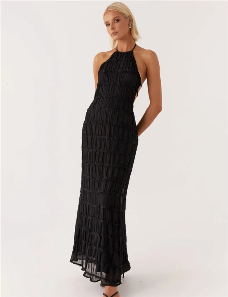 Elegant Textured Maxi Dress | Halter Neck & Backless | Party Dresses