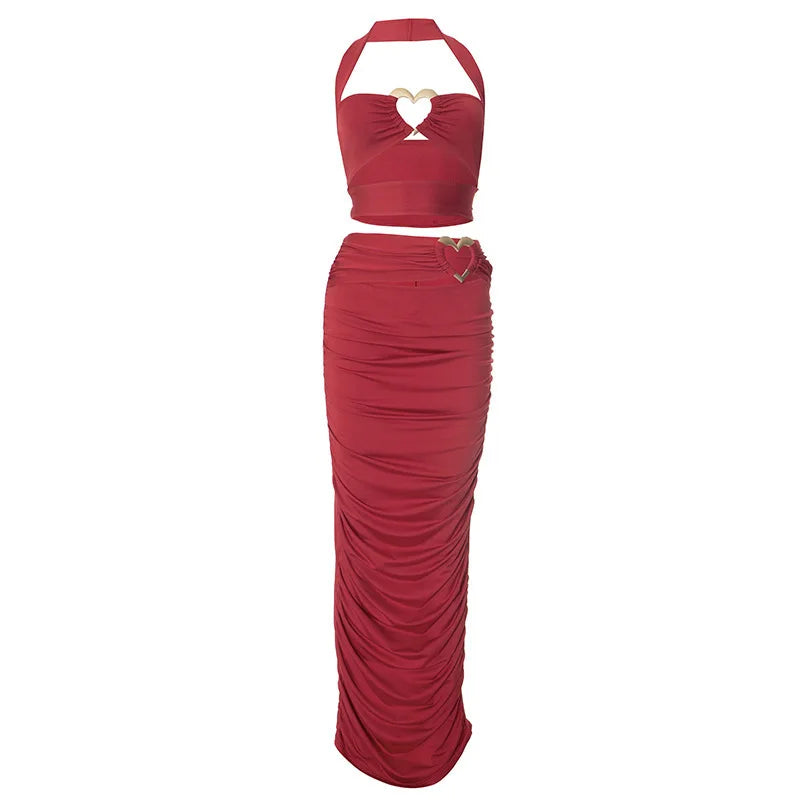 Romantic Red Evening Wear with Heart Buckle - Halter Top &amp; Skirt | Party Dresses