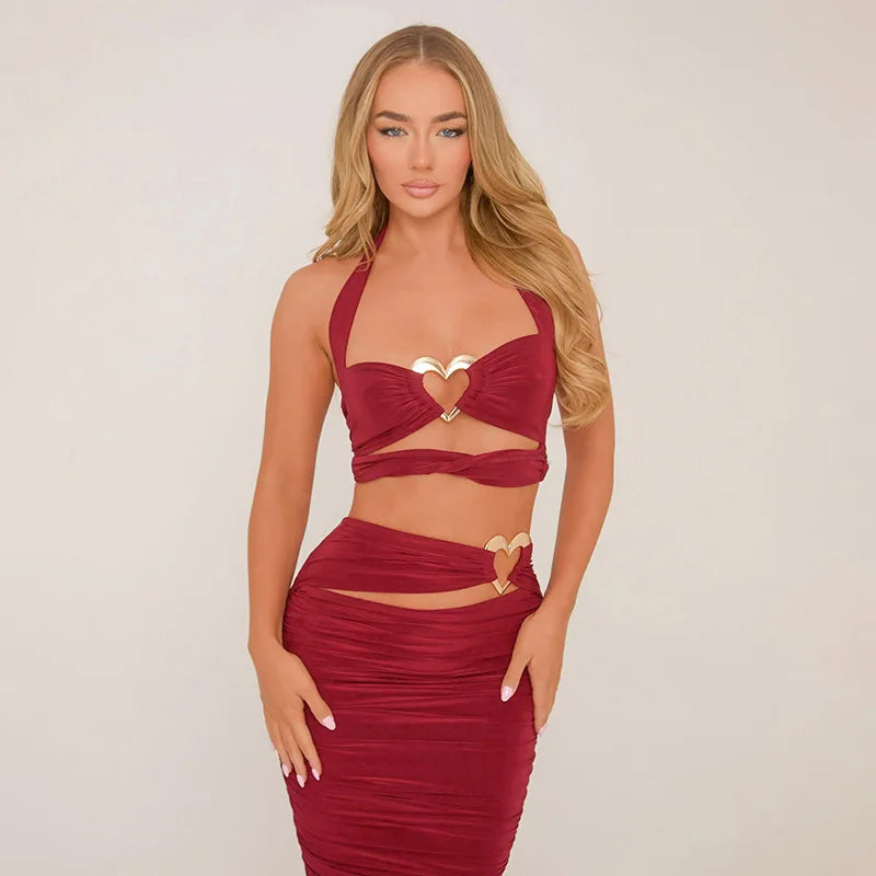 Romantic Red Evening Wear with Heart Buckle - Halter Top &amp; Skirt | Party Dresses