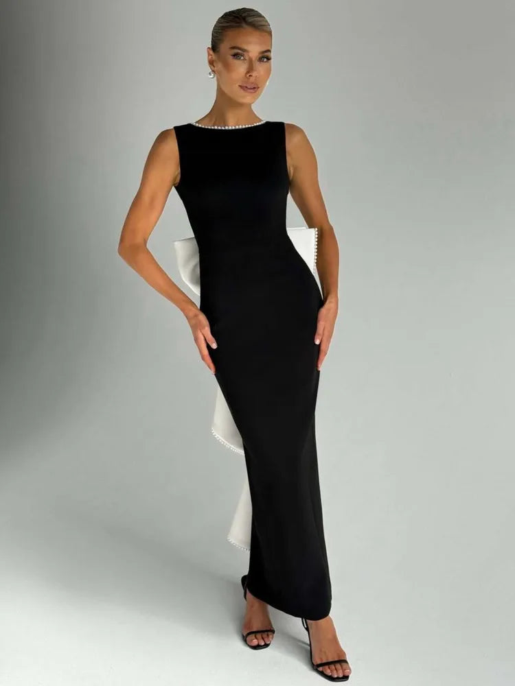 Formal Black Dress with Pearl Neckline and Bow | Elegant Dresses