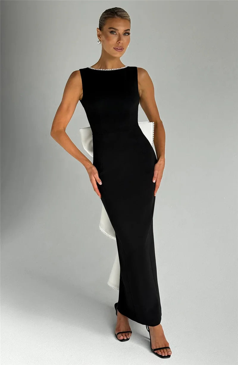 Formal Black Dress with Pearl Neckline and Bow | Elegant Dresses