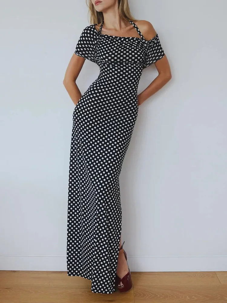 Off-Shoulder Polka Dot Dress for Formal Gatherings