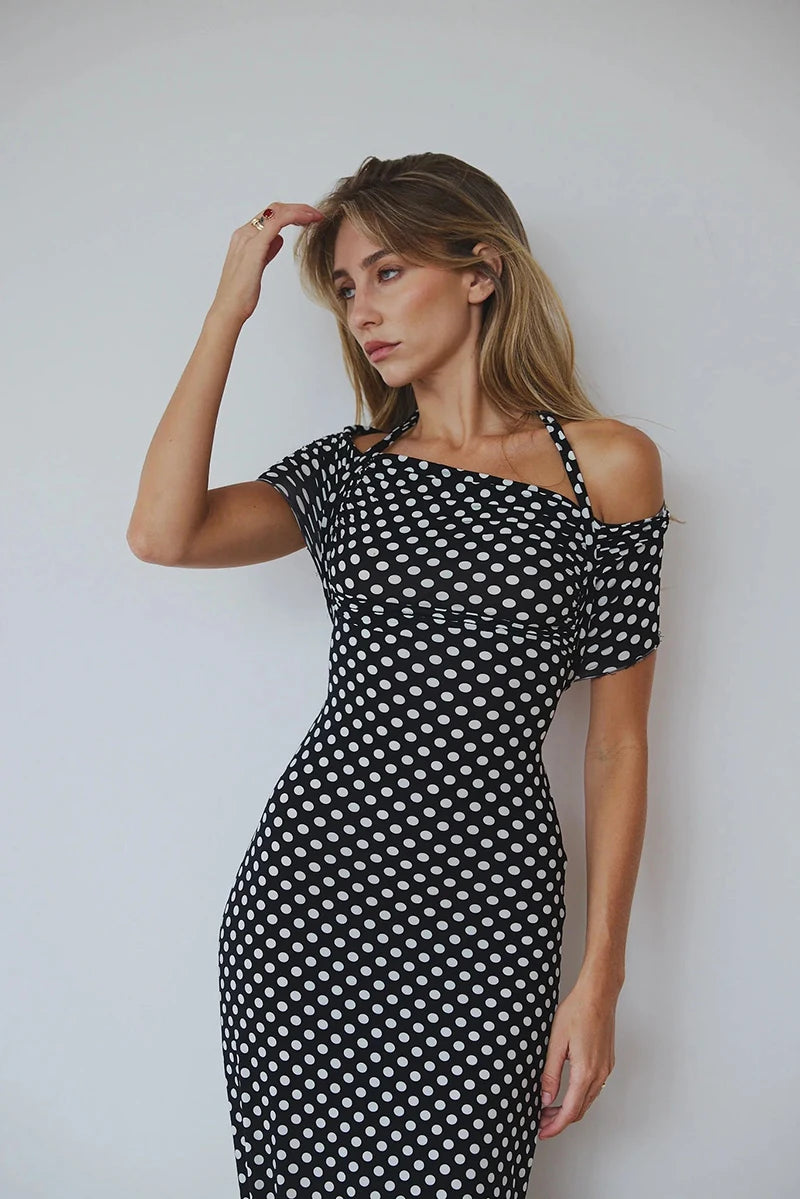 Off-Shoulder Polka Dot Dress for Formal Gatherings | Halter Dresses