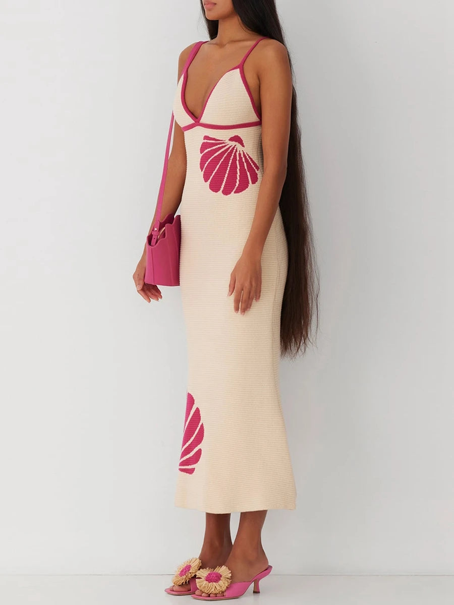 Casual Pink Shell Embellished Midi Dress | Vacation Dresses