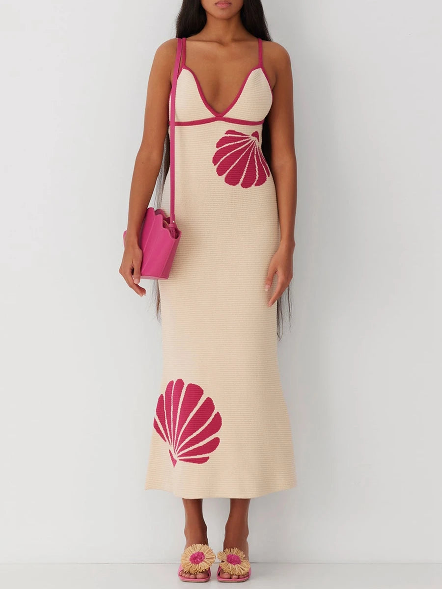 Casual Pink Shell Embellished Midi Dress | Vacation Dresses