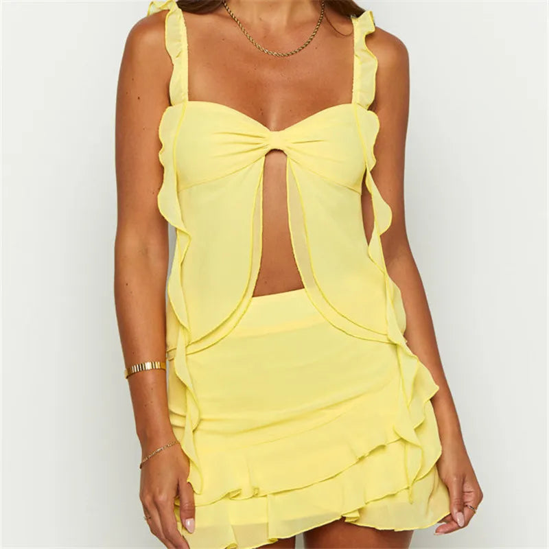 Sunny Yellow Casual Set - Sleeveless Top & Mini Skirt | Skirts set