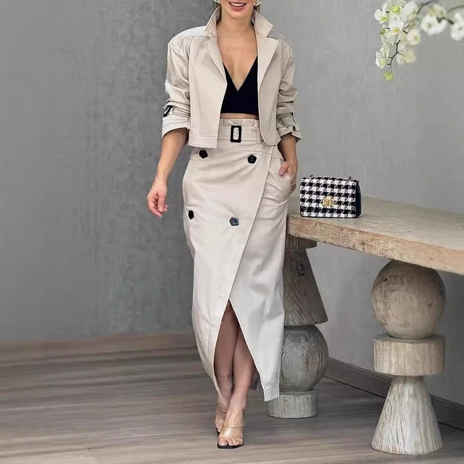 Women's Casual Wear Set - Midi Skirt & Jacket with Belt