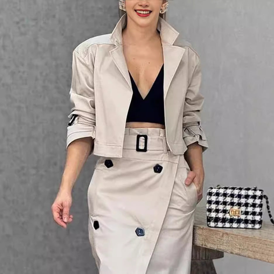 Women's Casual Wear Set - Midi Skirt & Jacket with Belt | Skirt Set