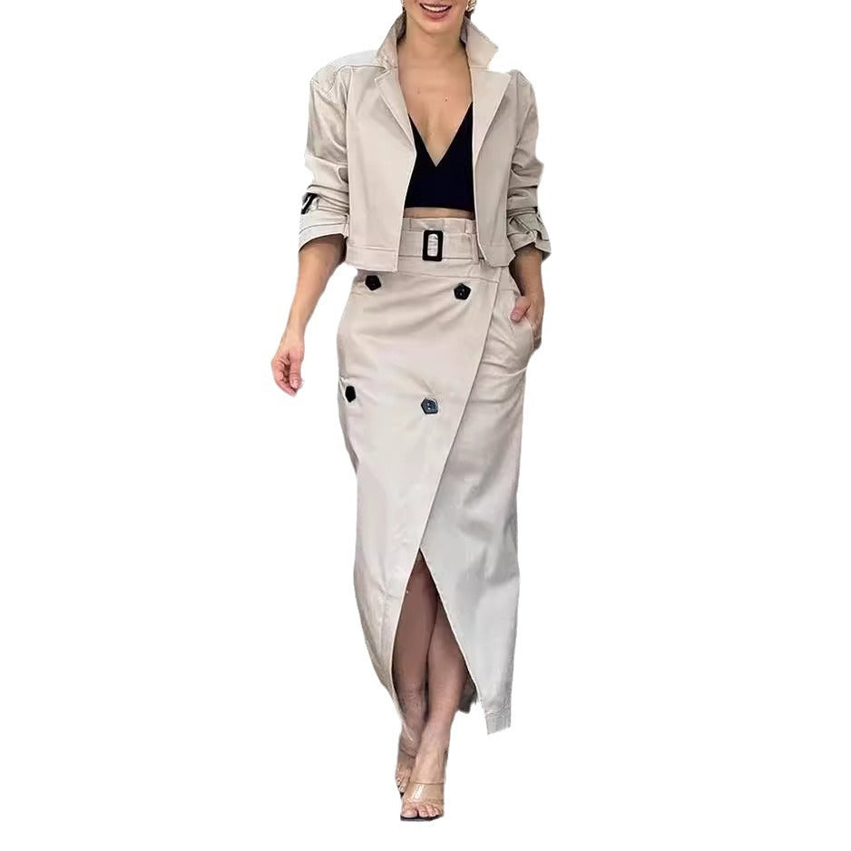 Women's Casual Wear Set - Midi Skirt & Jacket with Belt | Skirt Set