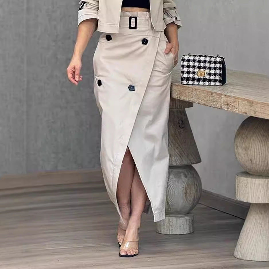 Women's Casual Wear Set - Midi Skirt & Jacket with Belt | Skirt Set