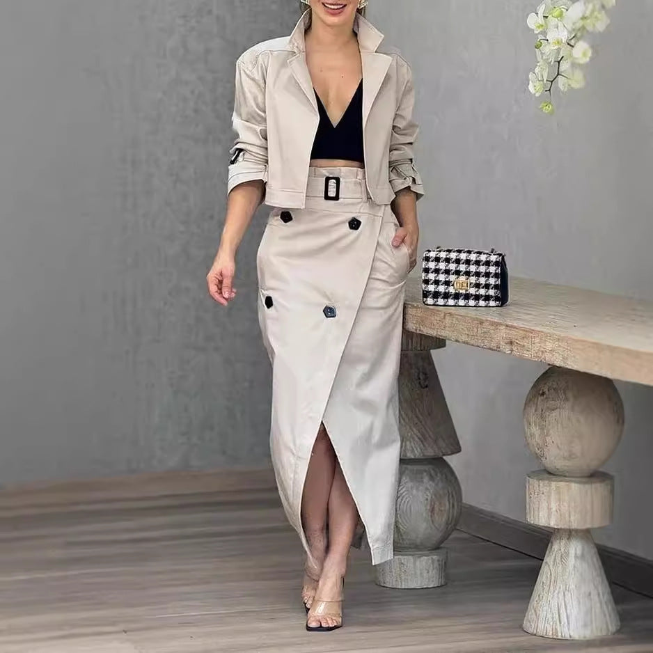 Women's Casual Wear Set - Midi Skirt & Jacket with Belt | Skirt Set